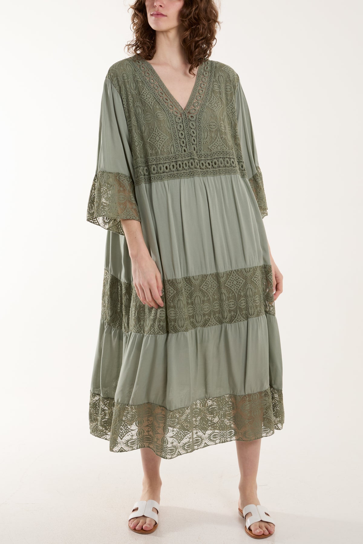 Lace Smock Tiered Midi Dress