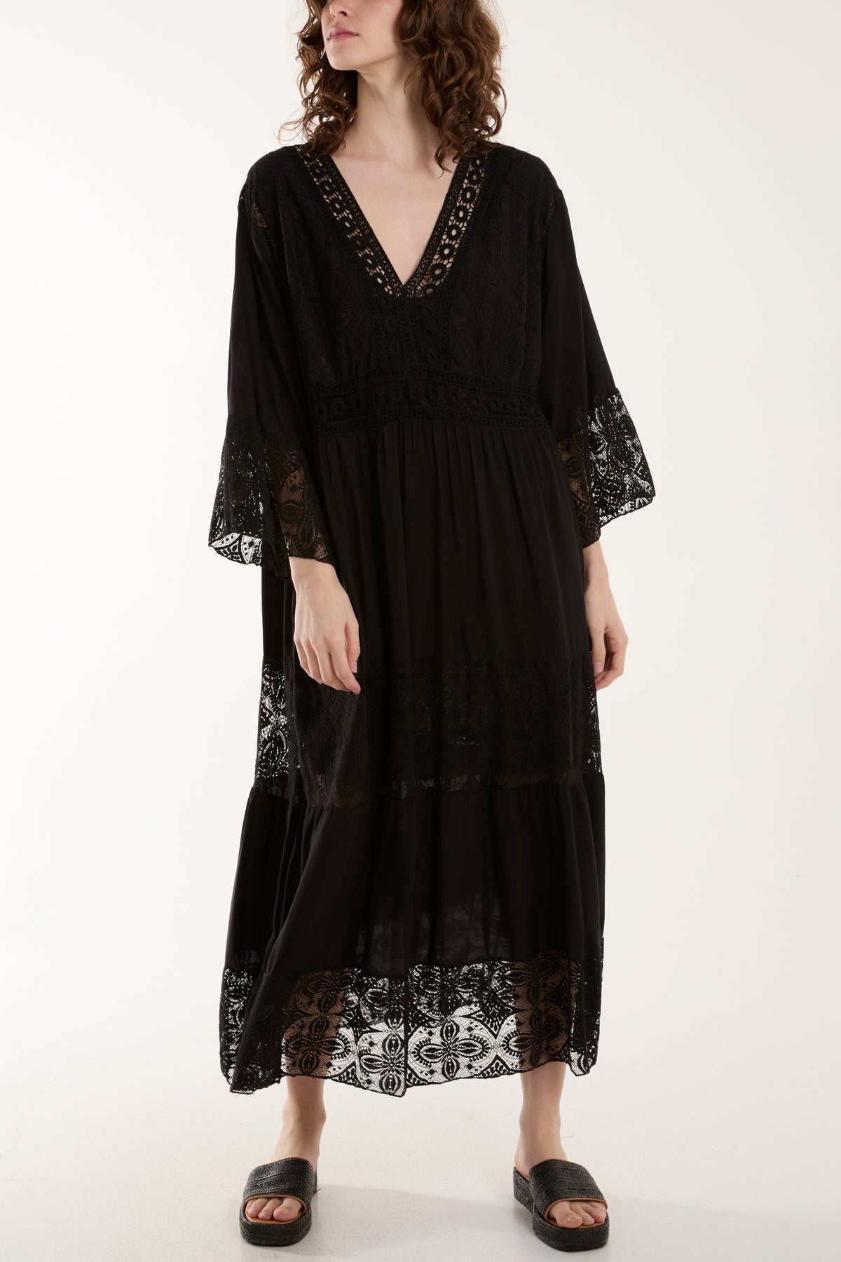 Lace Smock Tiered Midi Dress